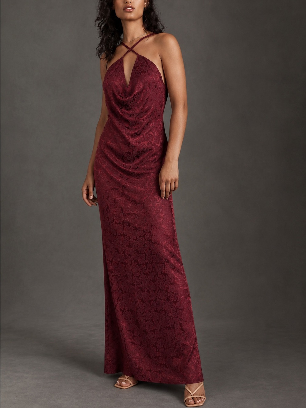 Fame and Partners Jacquard Satin Cowl Neck Maxi Gown Romantic Cocktail Fromal